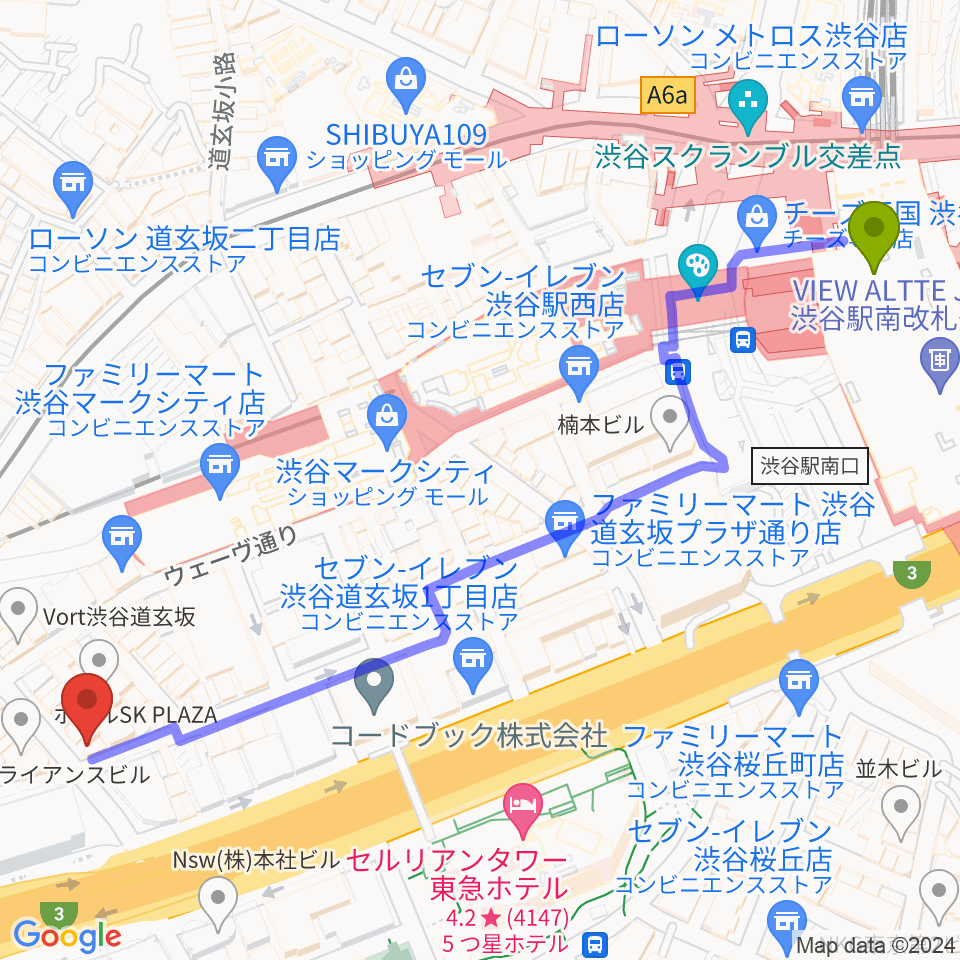 渋谷駅から渋谷GUILTYへのルートマップ地図