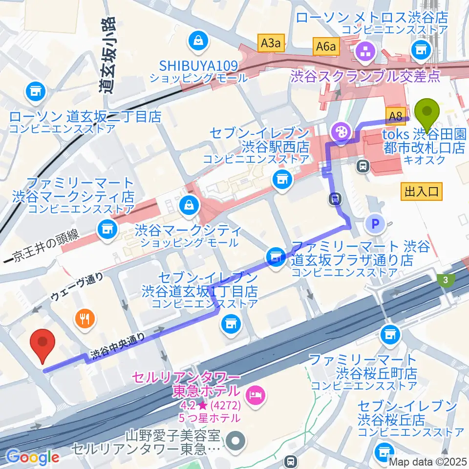 渋谷駅から渋谷GUILTYへのルートマップ地図