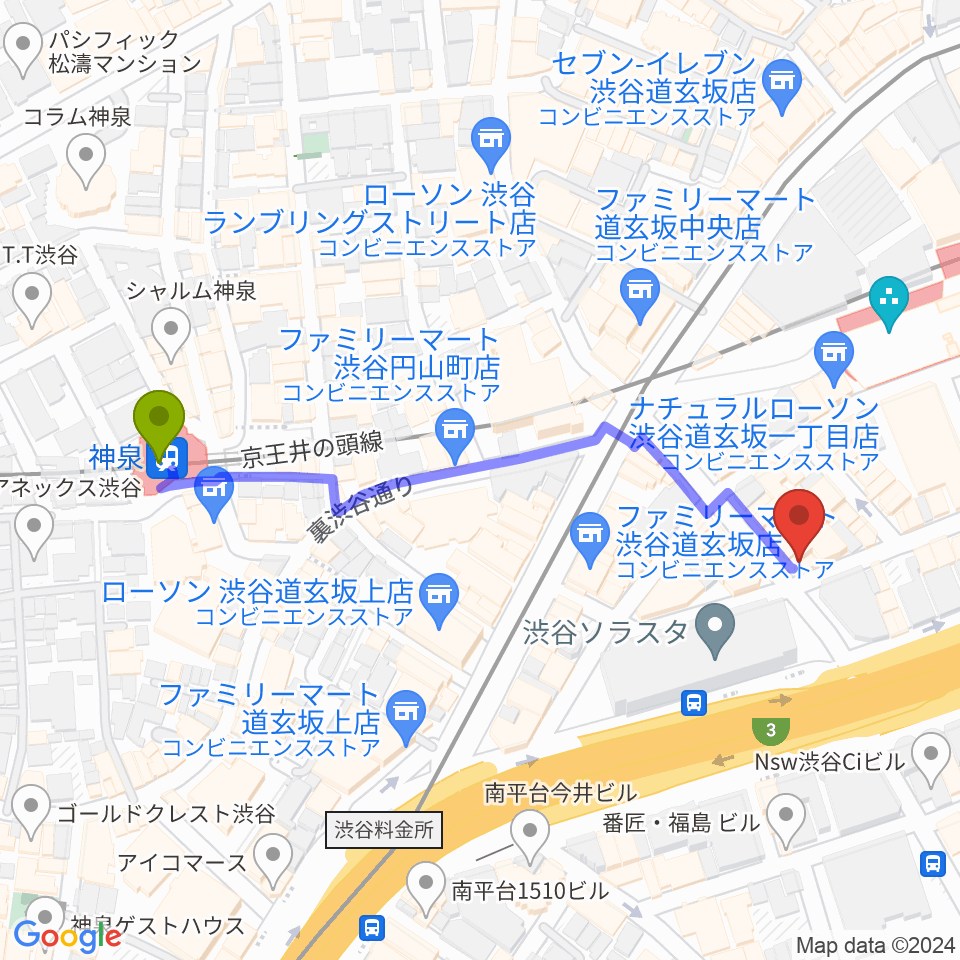 渋谷GUILTYの最寄駅神泉駅からの徒歩ルート（約5分）地図