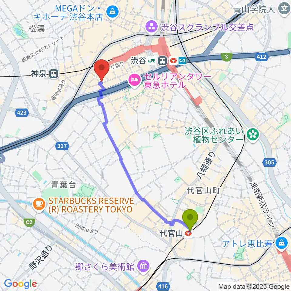代官山駅から渋谷GUILTYへのルートマップ地図
