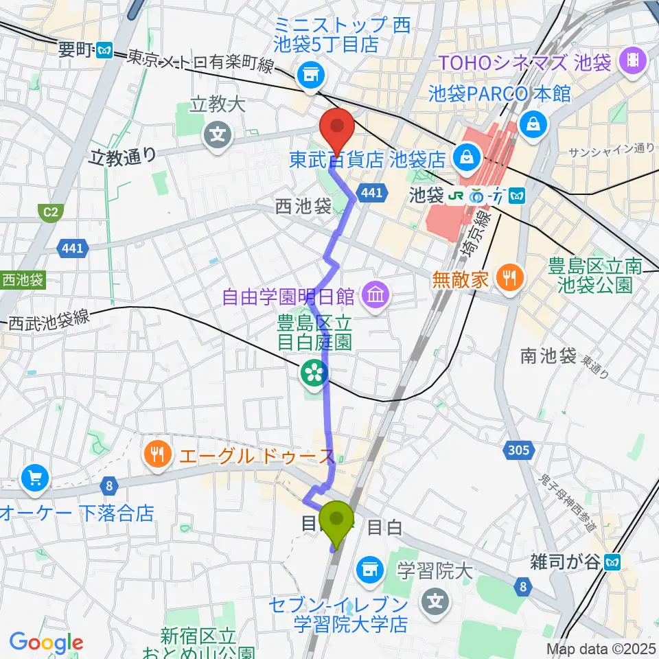 目白駅からココナッツディスク池袋店へのルートマップ地図