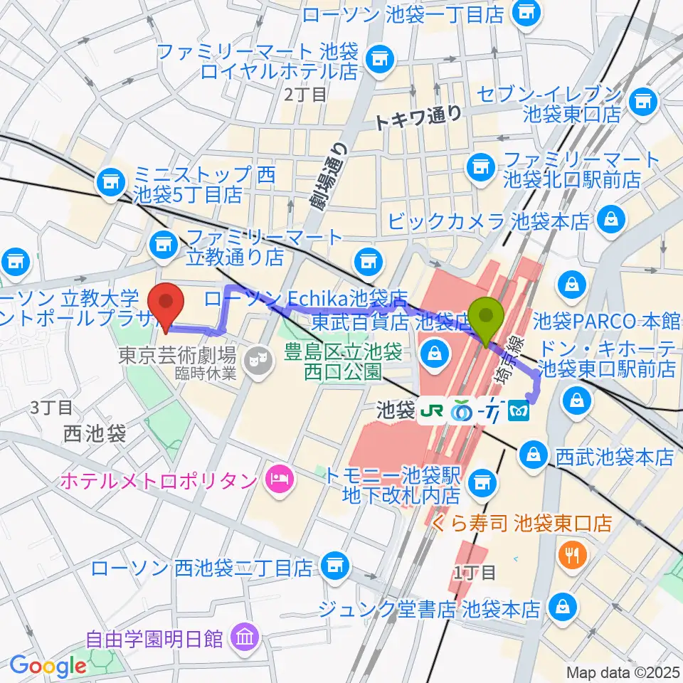 ココナッツディスク池袋店の最寄駅池袋駅からの徒歩ルート（約7分）地図