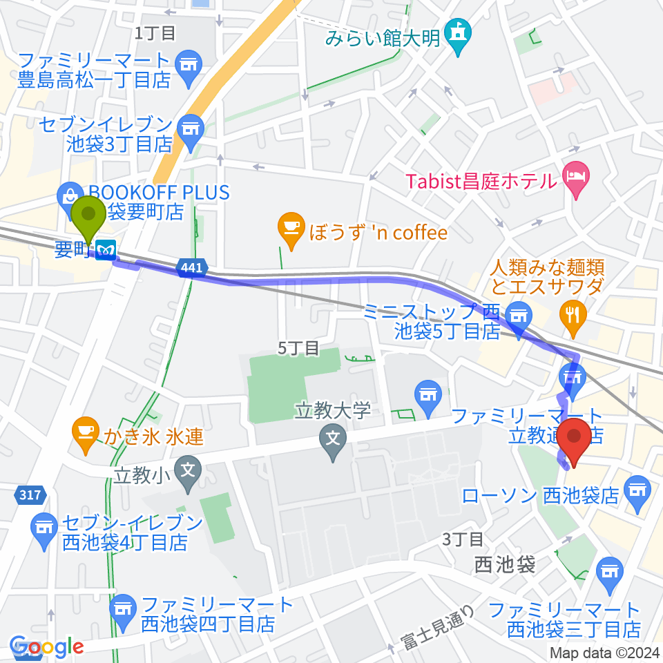要町駅からココナッツディスク池袋店へのルートマップ地図