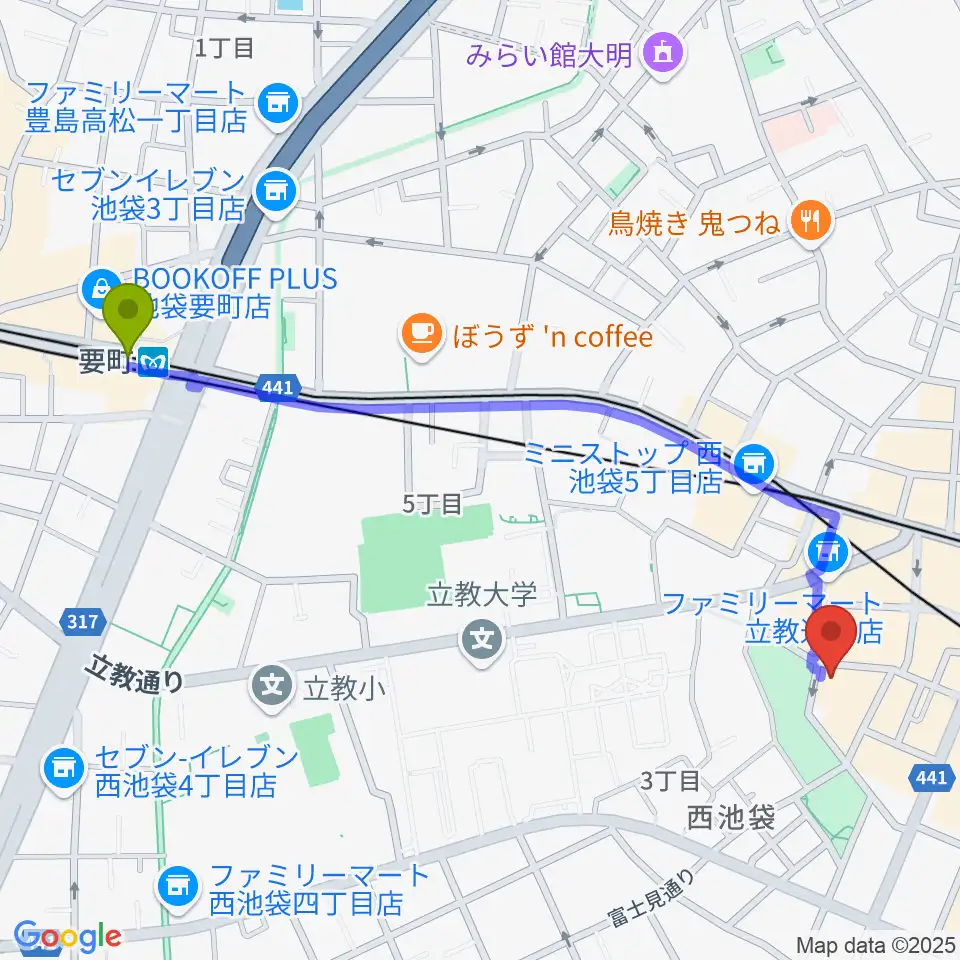 要町駅からココナッツディスク池袋店へのルートマップ地図
