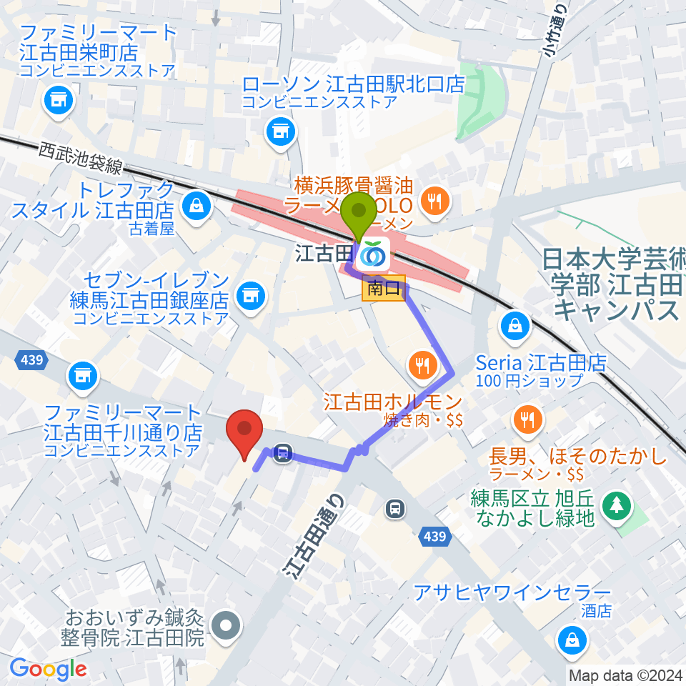 ココナッツディスク江古田店の最寄駅江古田駅からの徒歩ルート（約3分）地図