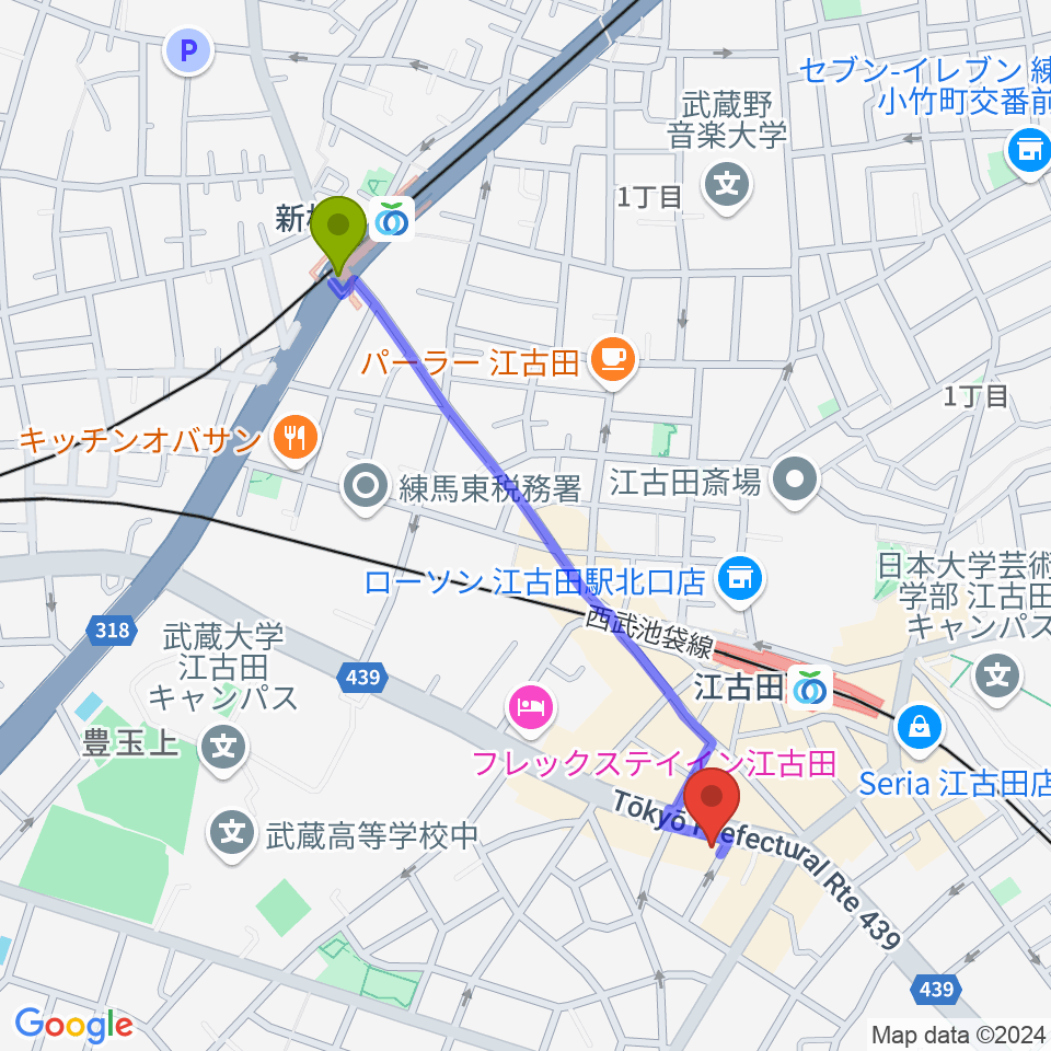 新桜台駅からココナッツディスク江古田店へのルートマップ地図