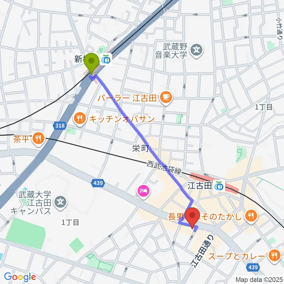 新桜台駅からココナッツディスク江古田店へのルートマップ地図