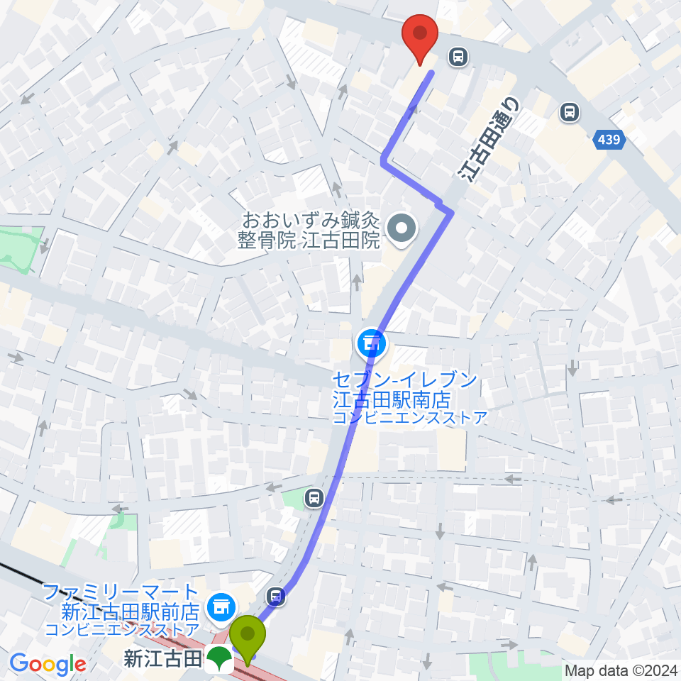 新江古田駅からココナッツディスク江古田店へのルートマップ地図