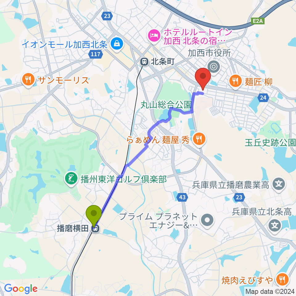 播磨横田駅から加西市民会館へのルートマップ地図