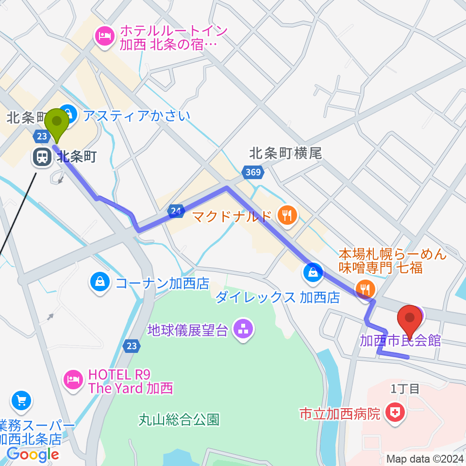 加西市民会館の最寄駅北条町駅からの徒歩ルート（約14分）地図