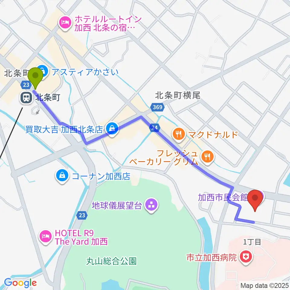 加西市民会館の最寄駅北条町駅からの徒歩ルート（約14分）地図