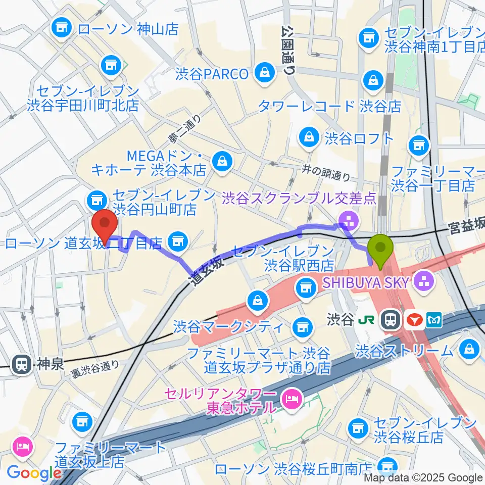 渋谷駅から渋谷ユーロライブへのルートマップ地図