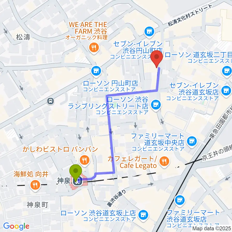 渋谷ユーロライブの最寄駅神泉駅からの徒歩ルート（約5分）地図