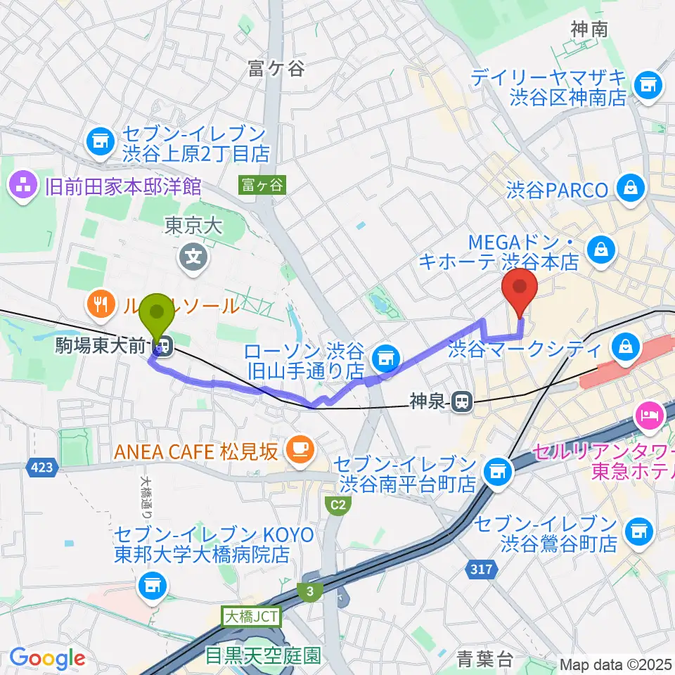 駒場東大前駅から渋谷ユーロライブへのルートマップ地図