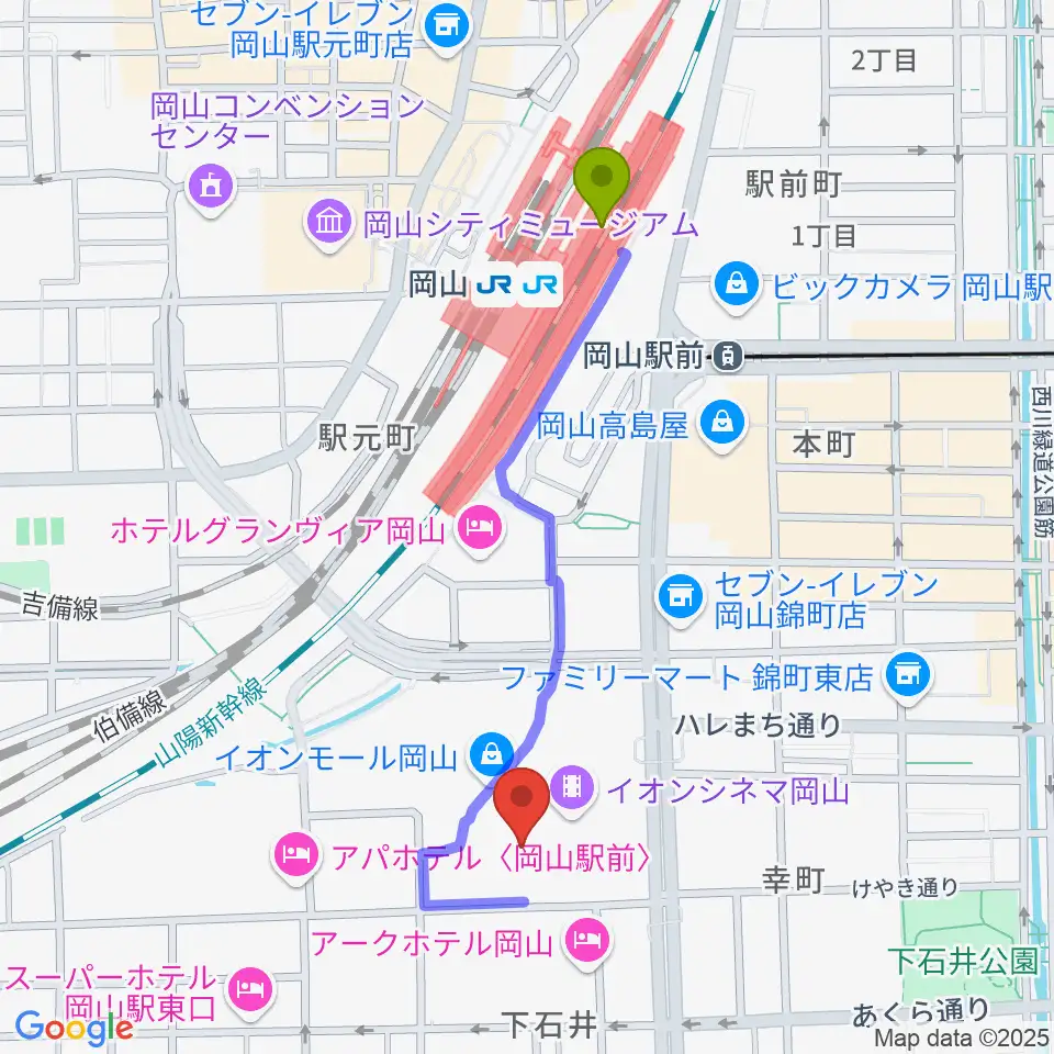 おかやま未来ホールの最寄駅岡山駅からの徒歩ルート（約9分）地図