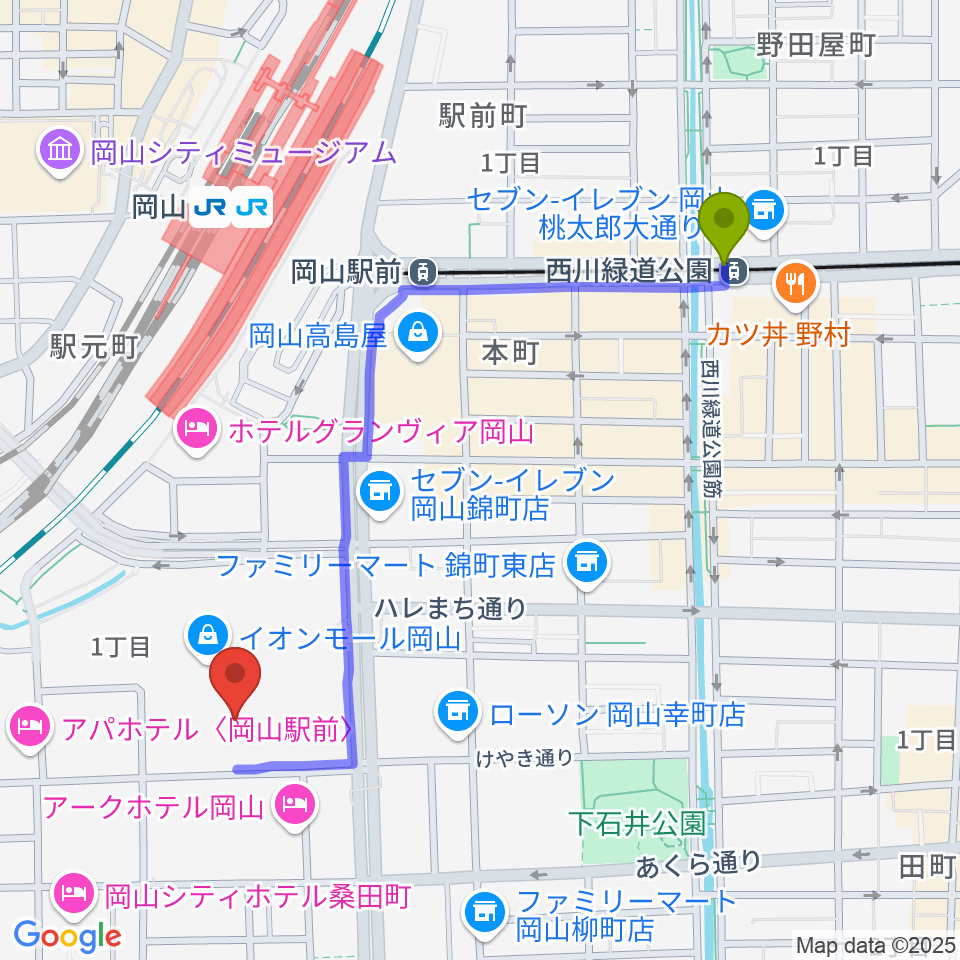 西川緑道公園駅からおかやま未来ホールへのルートマップ地図