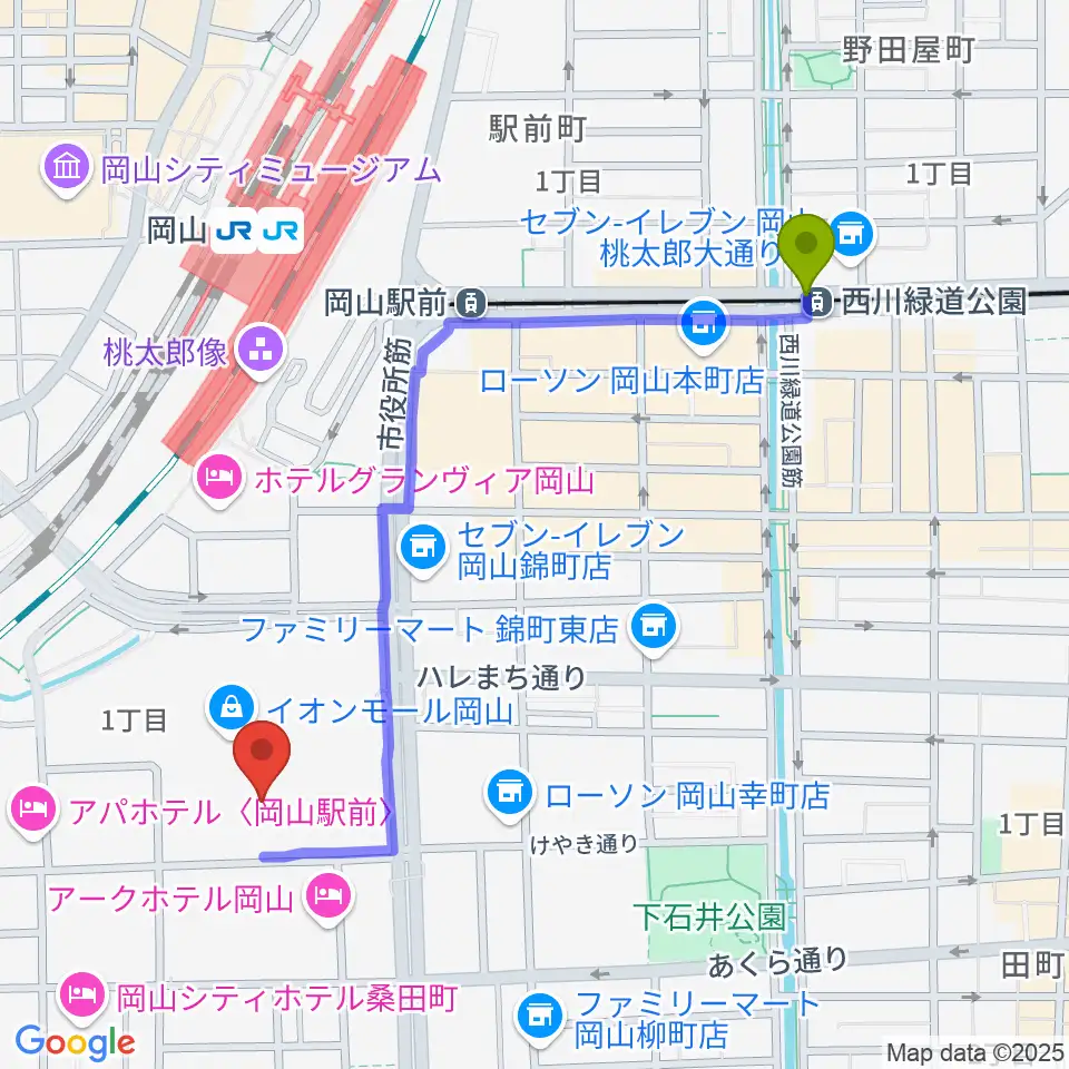 西川緑道公園駅からおかやま未来ホールへのルートマップ地図