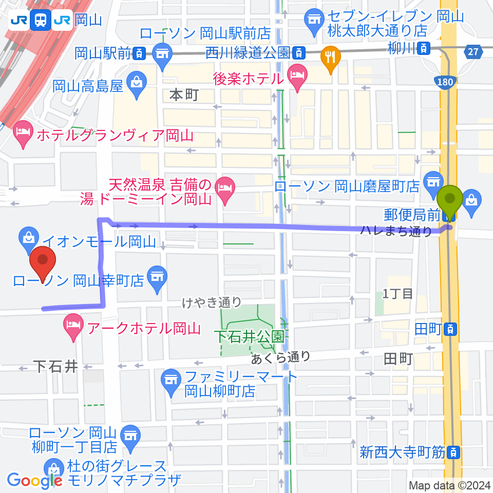 郵便局前駅からおかやま未来ホールへのルートマップ地図