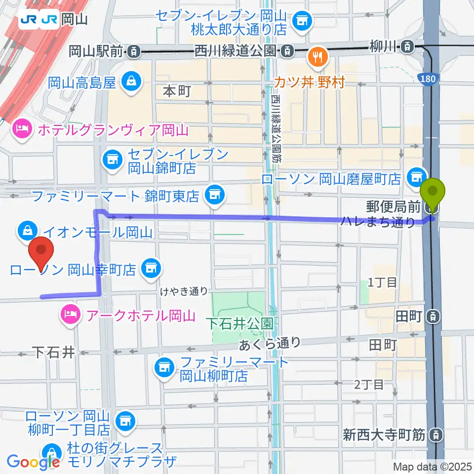 郵便局前駅からおかやま未来ホールへのルートマップ地図