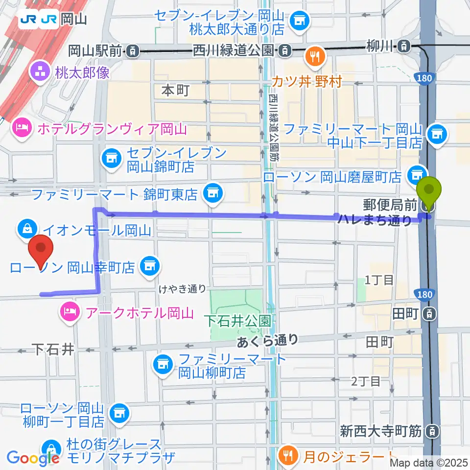 郵便局前駅からおかやま未来ホールへのルートマップ地図