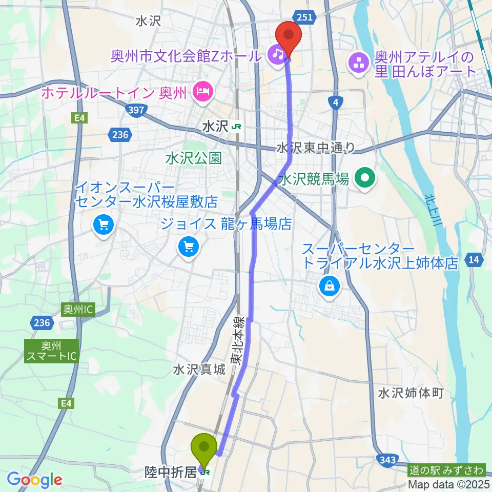 陸中折居駅から正時堂アテルイセンターへのルートマップ地図