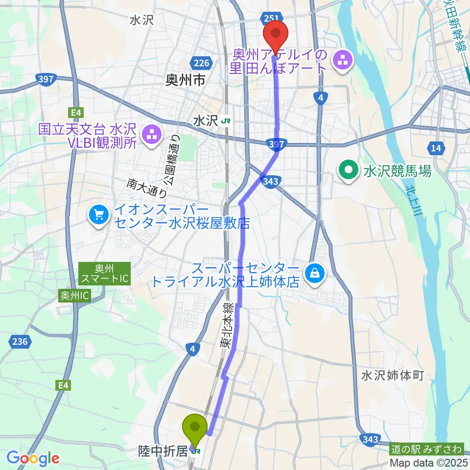 陸中折居駅から正時堂アテルイセンターへのルートマップ地図