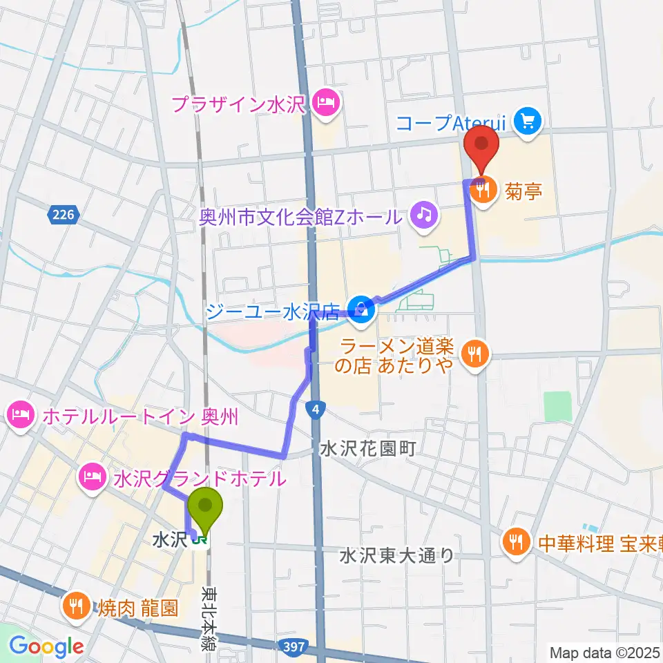 正時堂アテルイセンターの最寄駅水沢駅からの徒歩ルート（約20分）地図