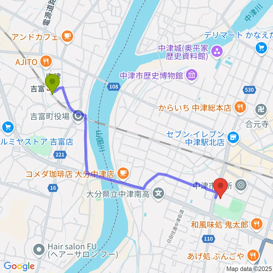 吉富駅から中津文化会館へのルートマップ地図