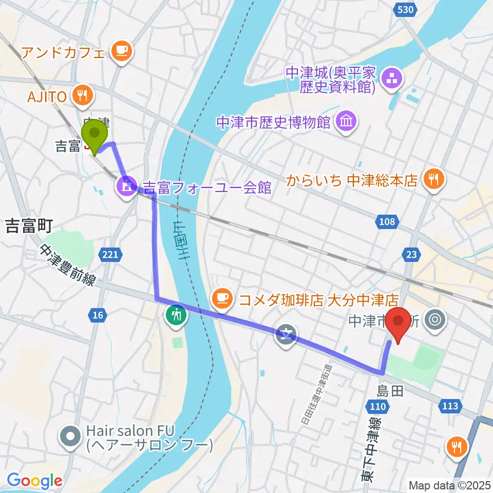 吉富駅から中津文化会館へのルートマップ地図