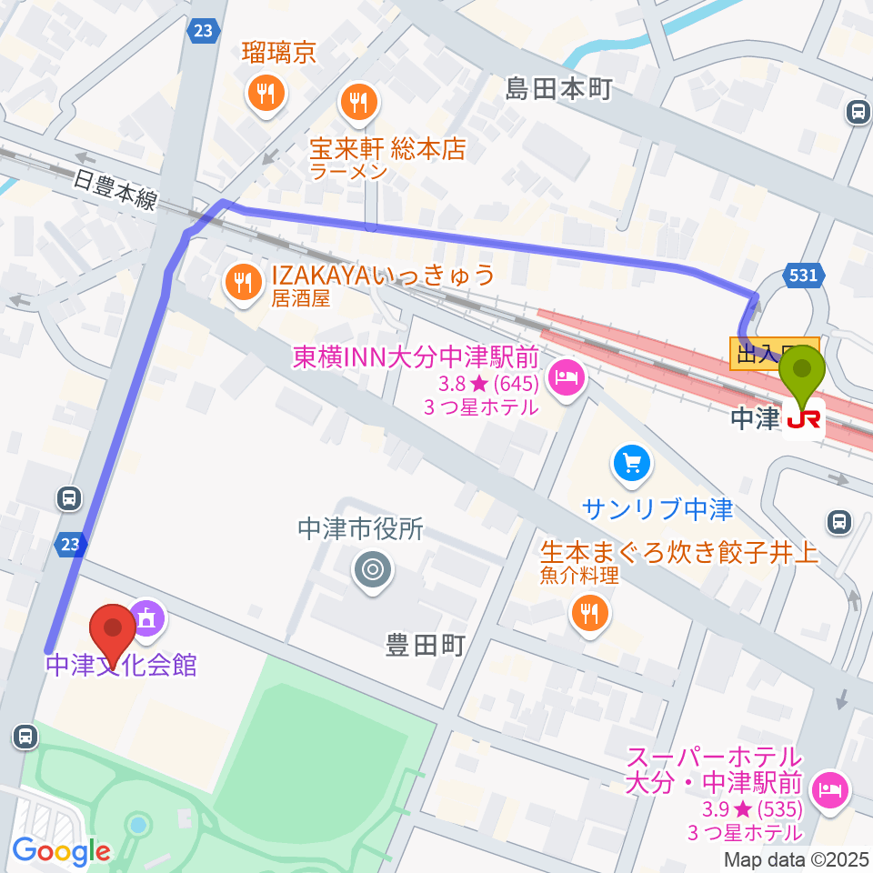 中津文化会館の最寄駅中津駅からの徒歩ルート（約7分）地図