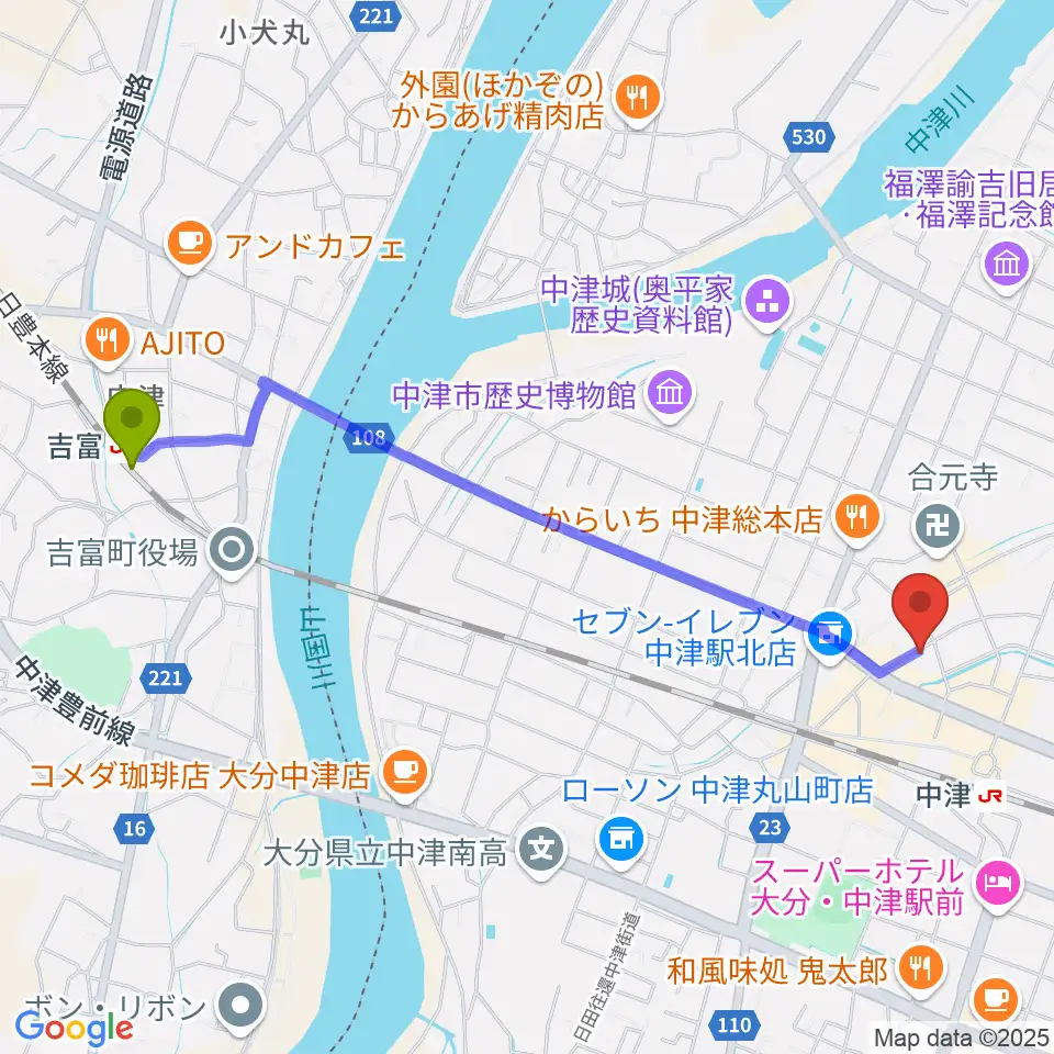 吉富駅からリル・ドリームへのルートマップ地図