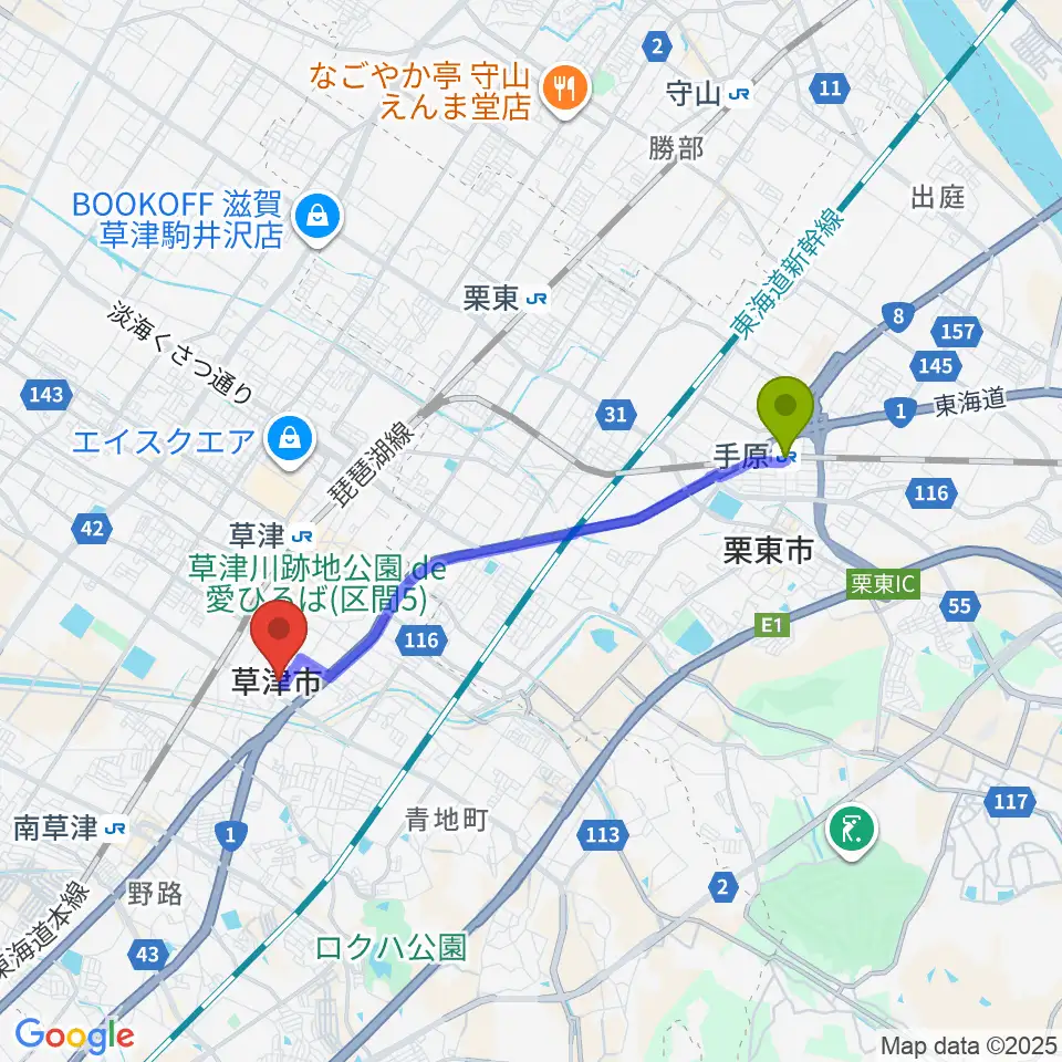手原駅から草津アミカホールへのルートマップ地図