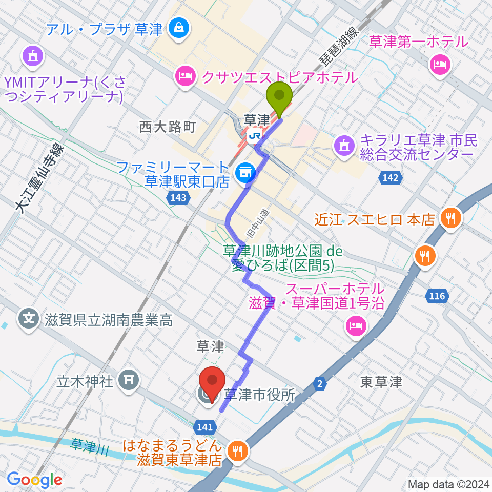 草津アミカホールの最寄駅草津駅からの徒歩ルート（約19分）地図