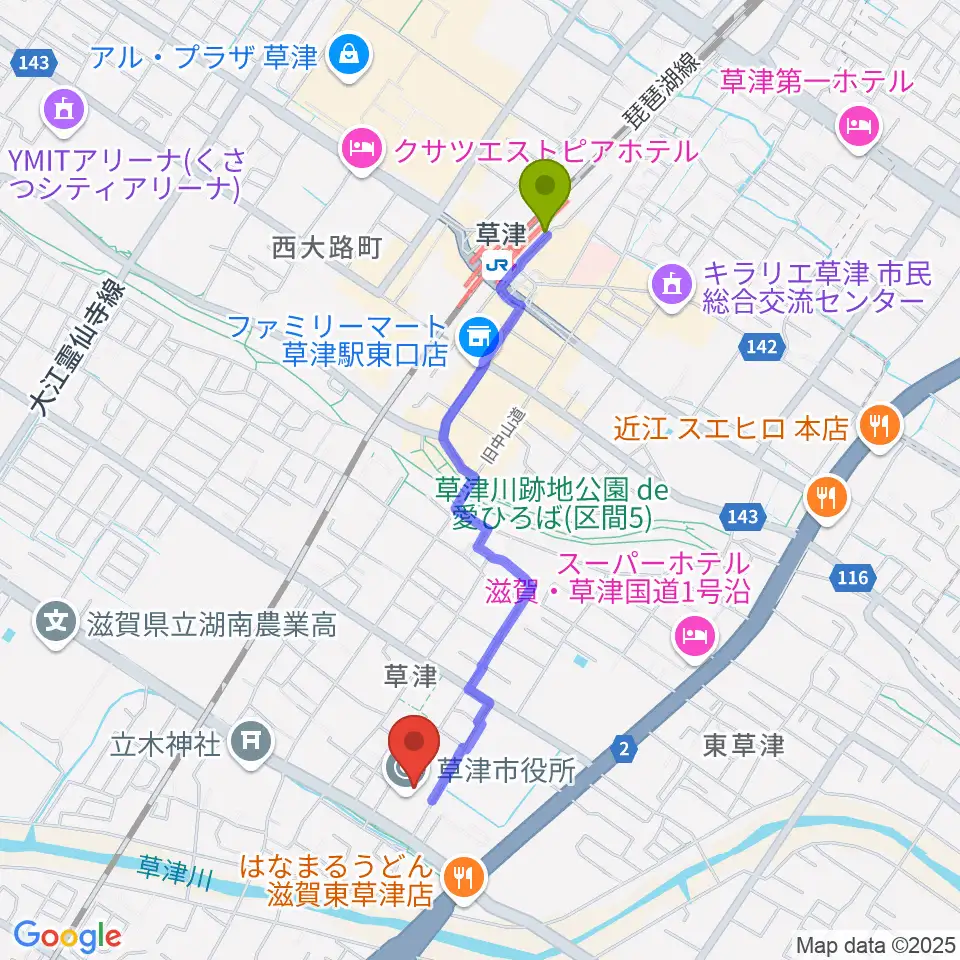 草津アミカホールの最寄駅草津駅からの徒歩ルート（約19分）地図