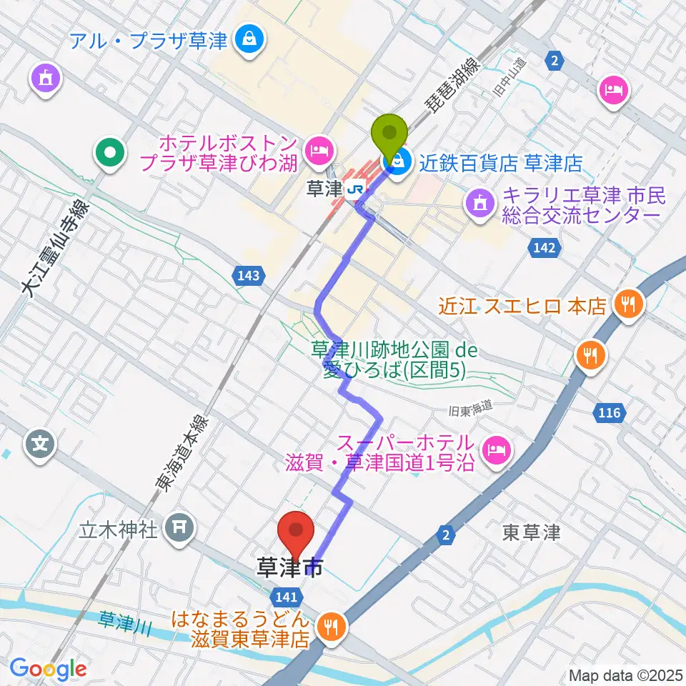 草津アミカホールの最寄駅草津駅からの徒歩ルート（約19分）地図