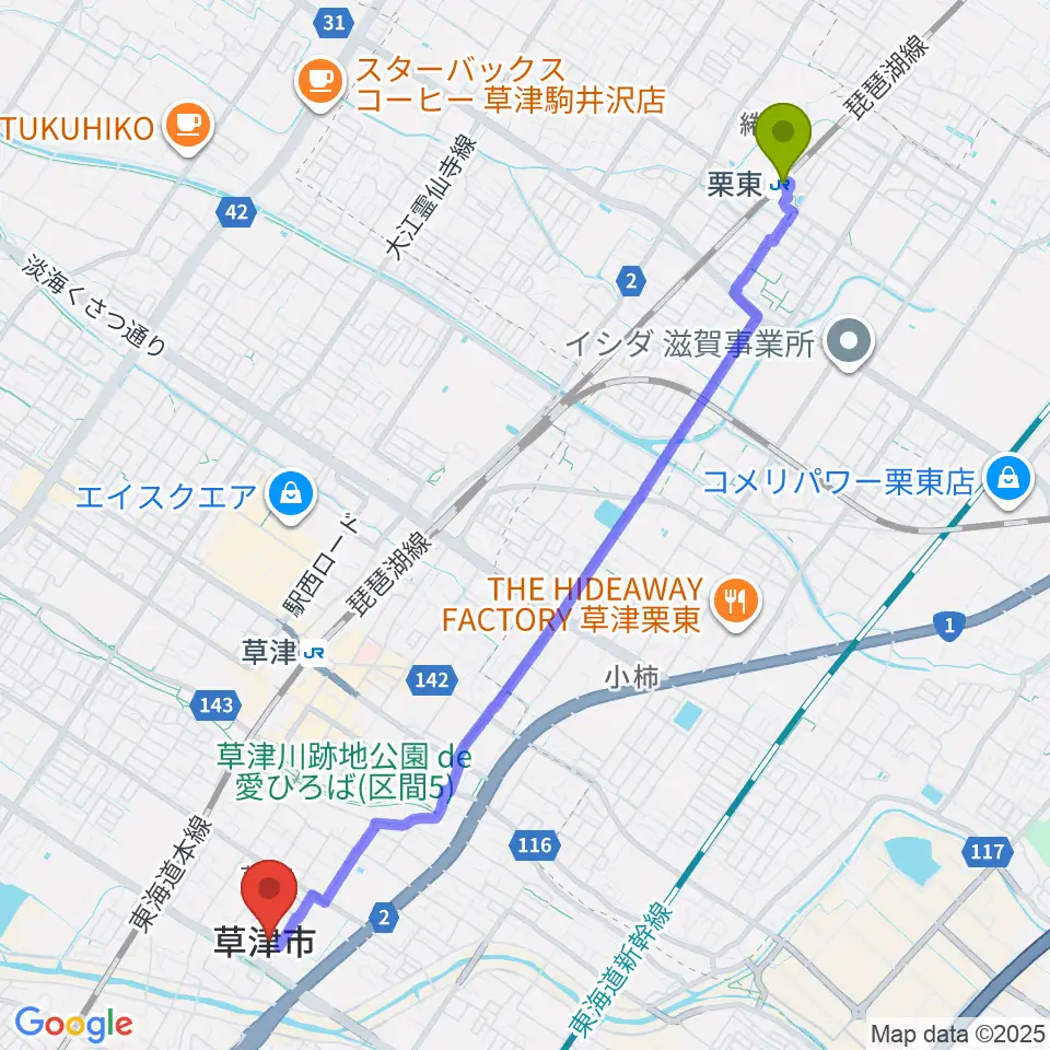栗東駅から草津アミカホールへのルートマップ地図