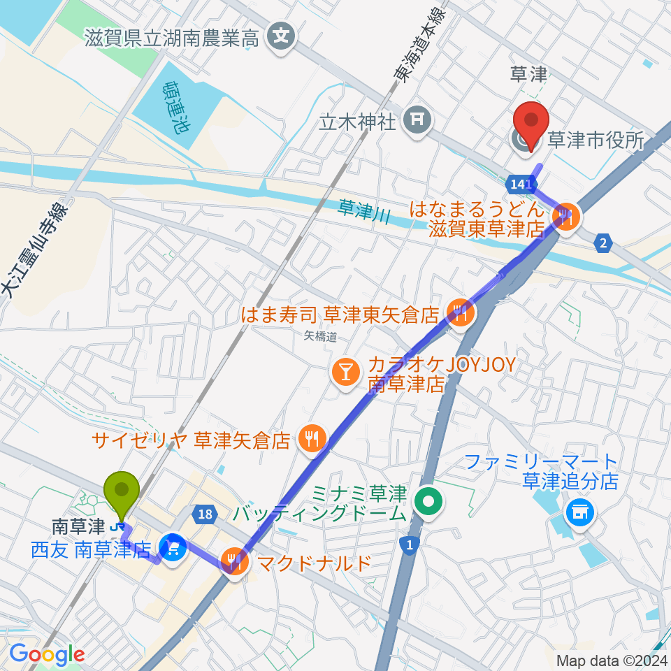 南草津駅から草津アミカホールへのルートマップ地図