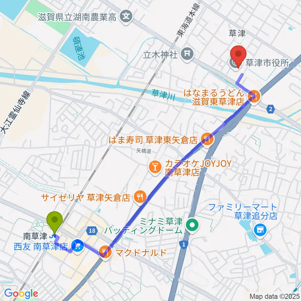 南草津駅から草津アミカホールへのルートマップ地図