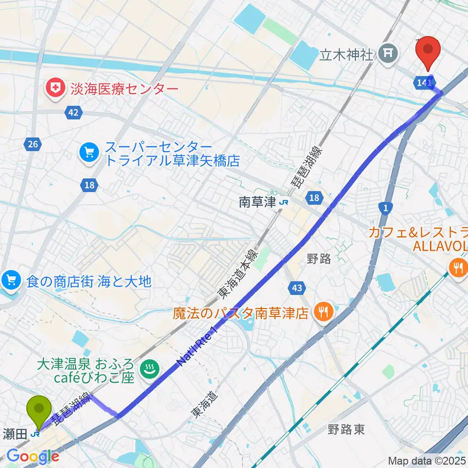 瀬田駅から草津アミカホールへのルートマップ地図