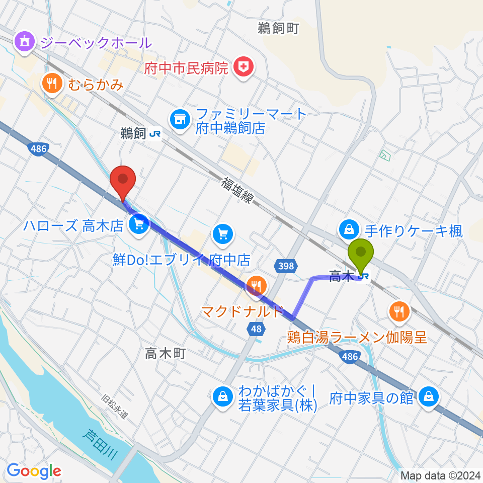 高木駅から府中alwaysへのルートマップ地図