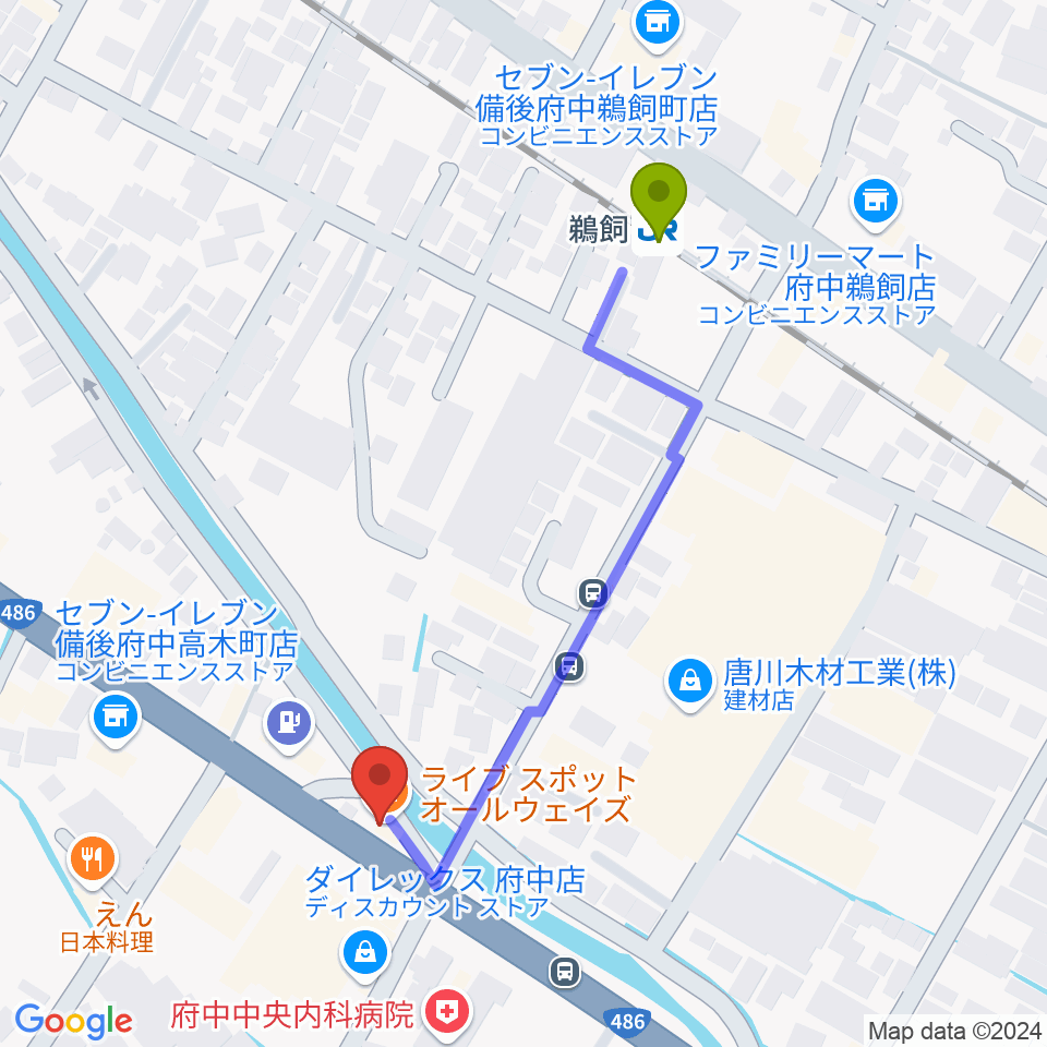 府中alwaysの最寄駅鵜飼駅からの徒歩ルート（約5分）地図