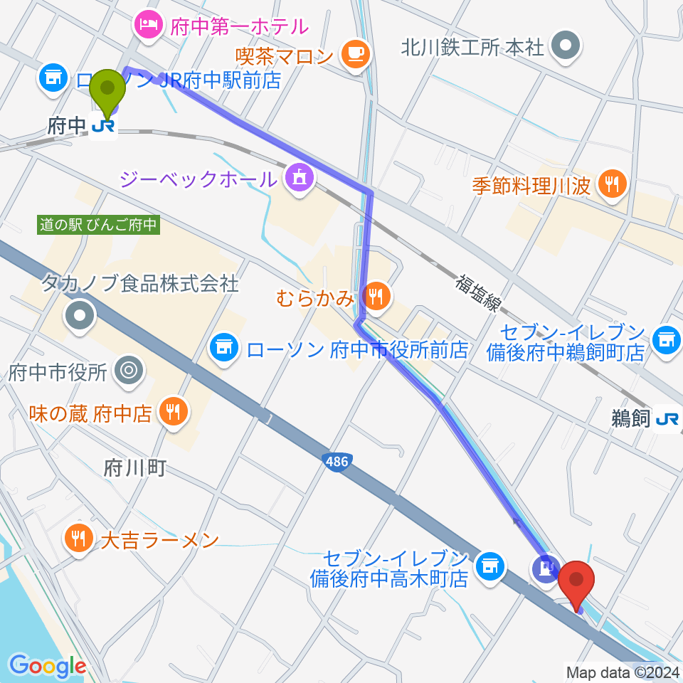 府中駅から府中alwaysへのルートマップ地図