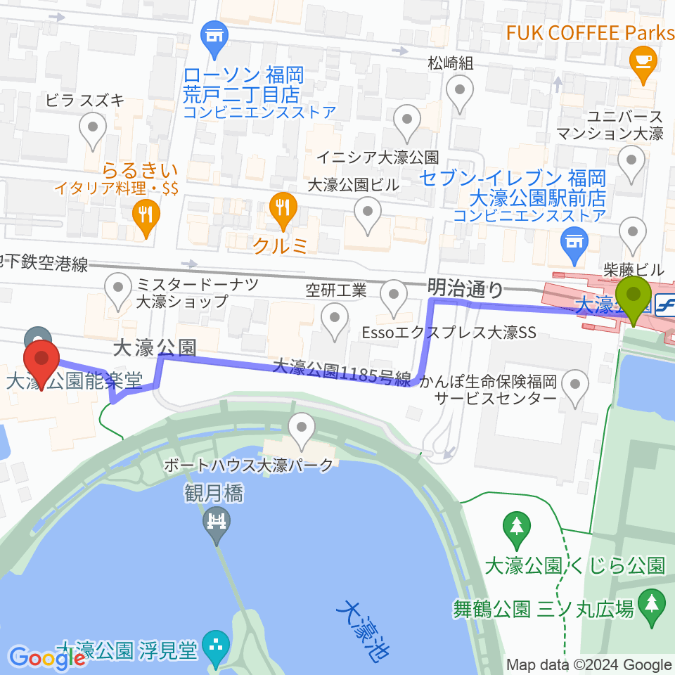 大濠公園駅から大濠公園能楽堂へのルートマップ地図