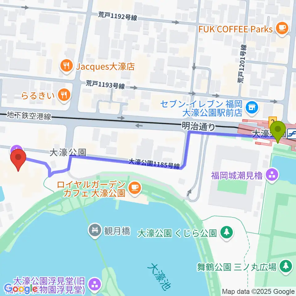 大濠公園駅から大濠公園能楽堂へのルートマップ地図