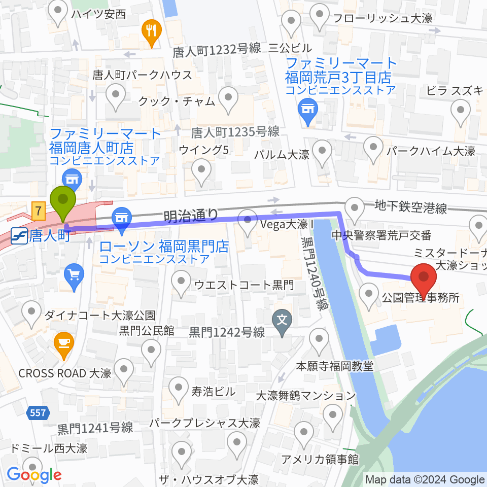 大濠公園能楽堂の最寄駅唐人町駅からの徒歩ルート（約6分）地図