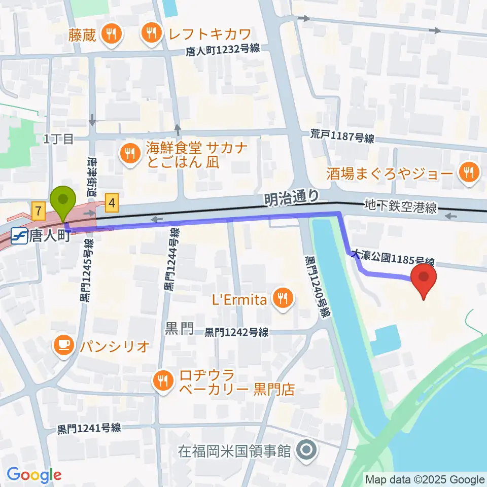 大濠公園能楽堂の最寄駅唐人町駅からの徒歩ルート（約6分）地図