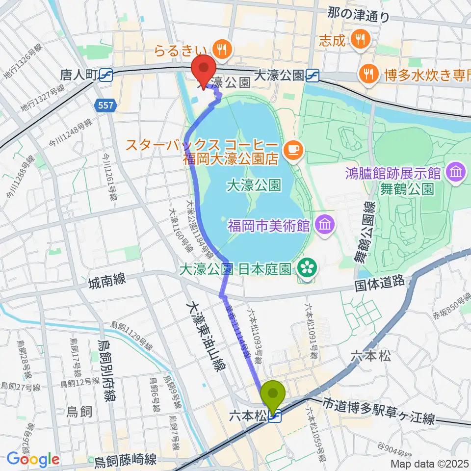 六本松駅から大濠公園能楽堂へのルートマップ地図