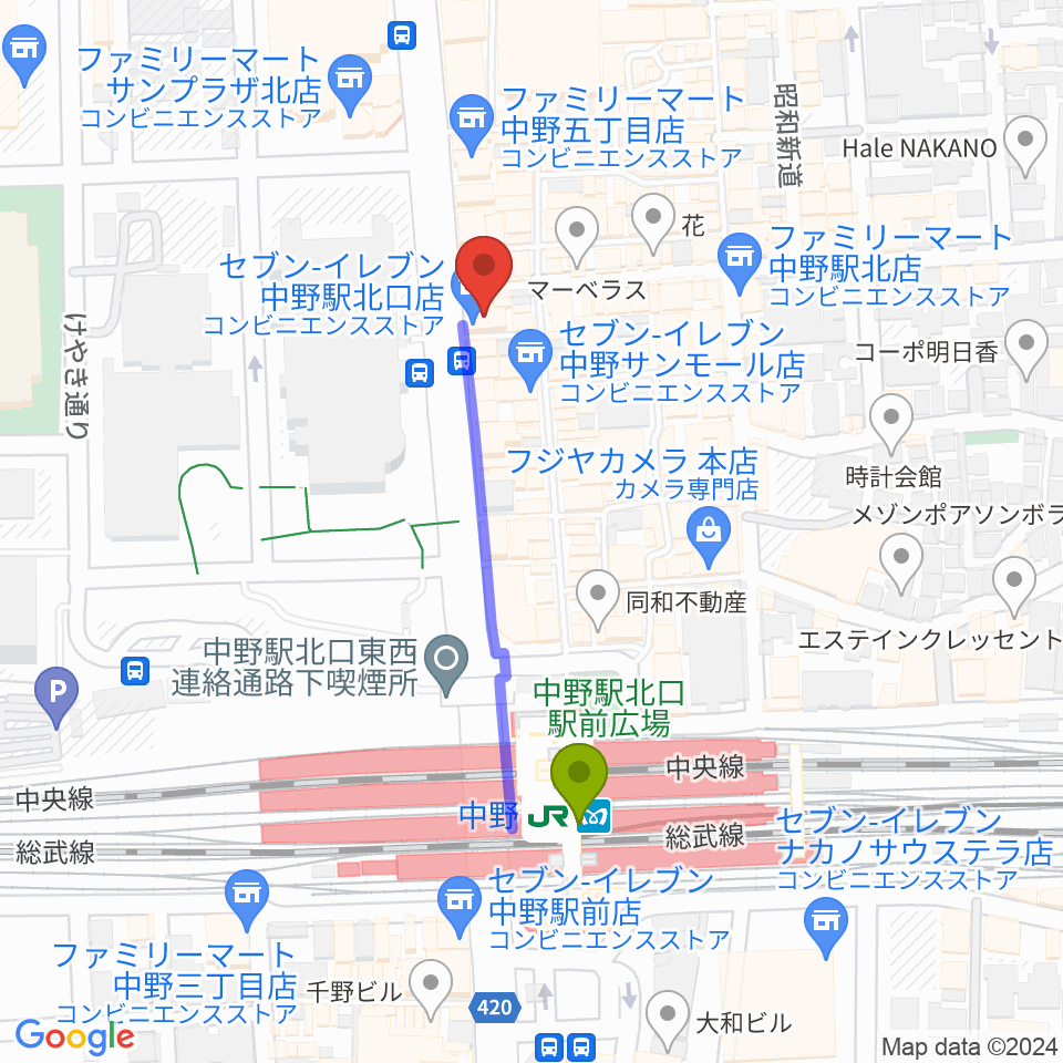 レア中野店の最寄駅中野駅からの徒歩ルート（約4分）地図