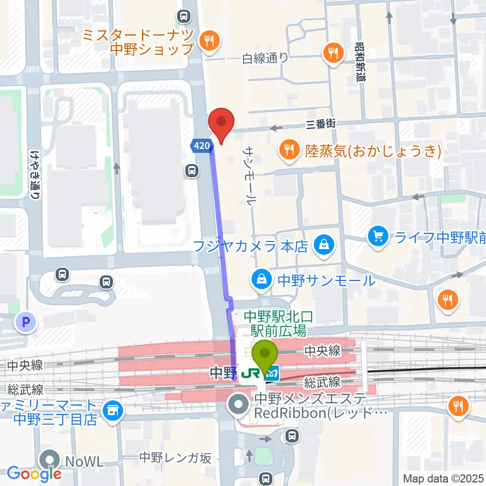 レア中野店の最寄駅中野駅からの徒歩ルート（約4分）地図