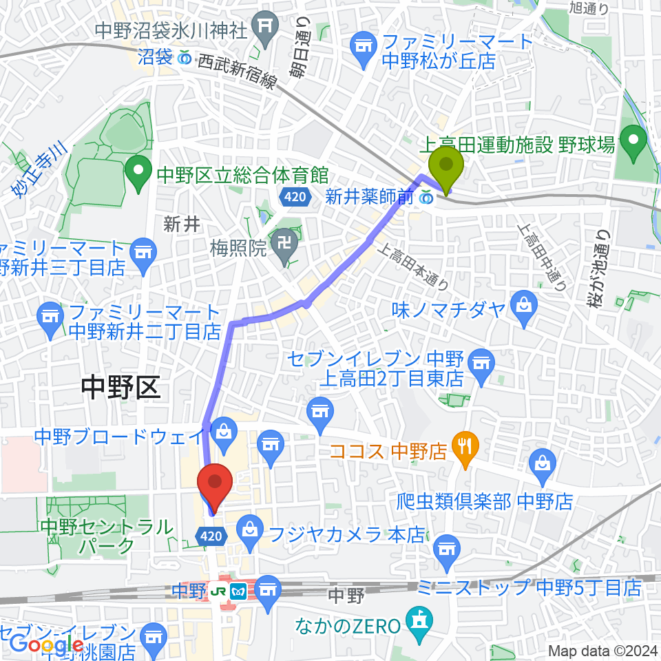 新井薬師前駅からレア中野店へのルートマップ地図